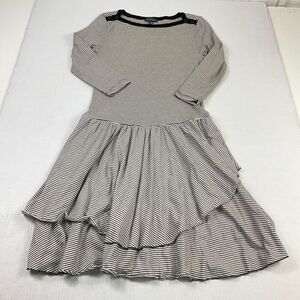 Lauren Ralph Lauren 3/4 Sleeve Dress Striped Boat Neck Drop Waist Pullover Small